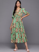 Floral Print Puff Sleeve Crepe A-Line Midi Dress-AHEDCRDP-212